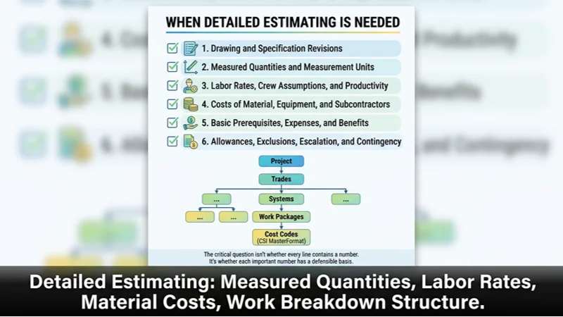 A detailed estimating infographic featuring a checklist of six requirements and a hierarchical work breakdown structure.