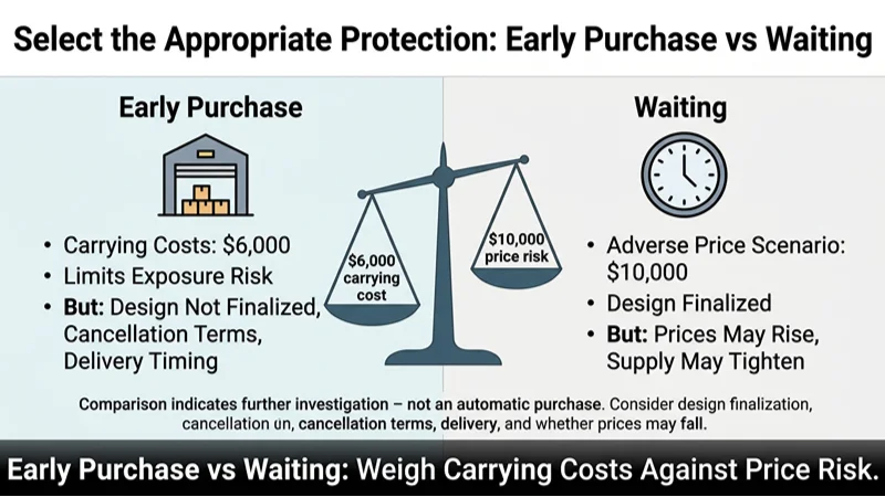 An infographic comparing the carrying costs and price risks of buying materials early versus waiting, with a balance scale showing the financial trade-offs.